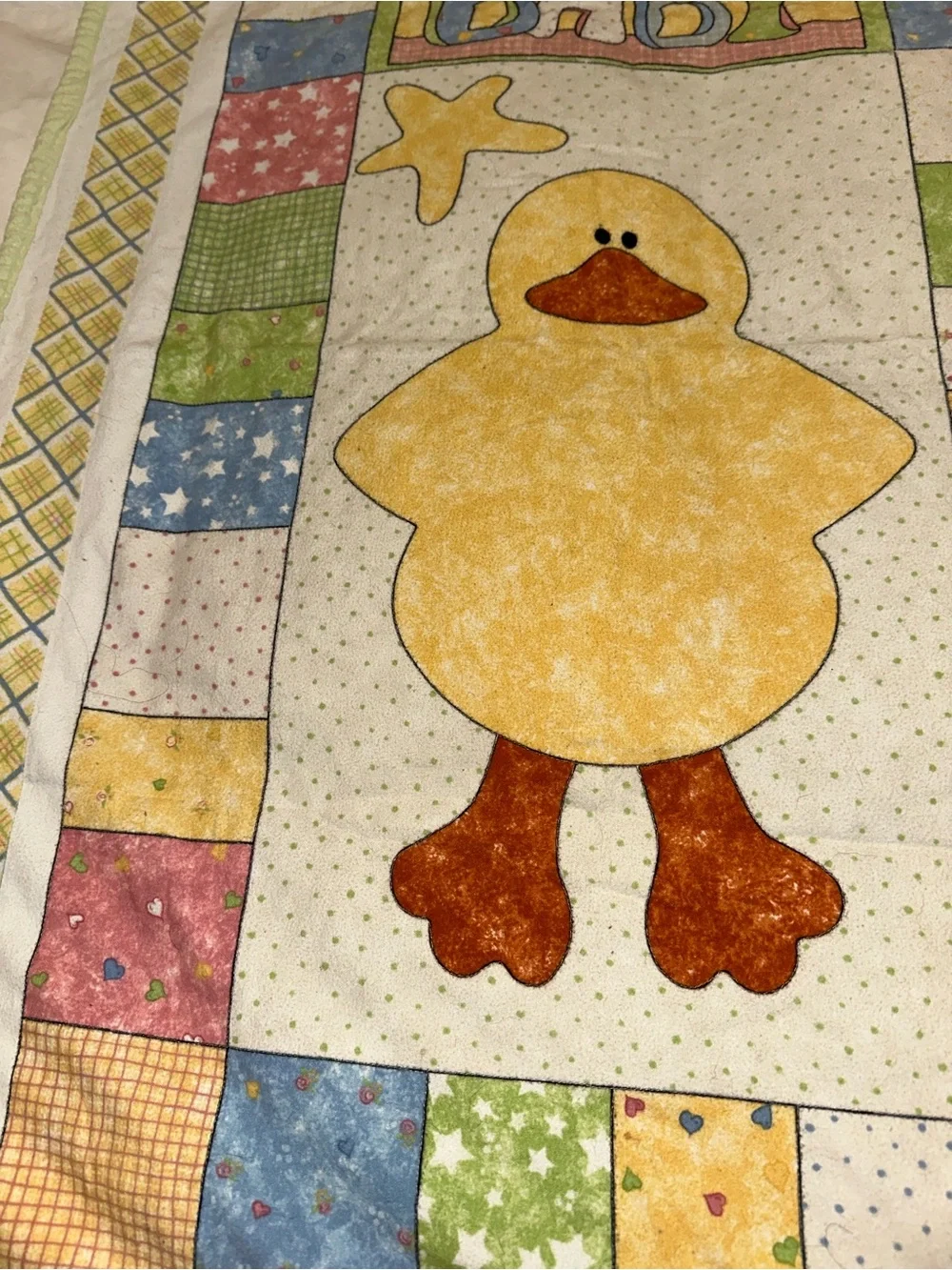 Vintage Handmade Baby Quilt Blanket Lil Lucky Ducky